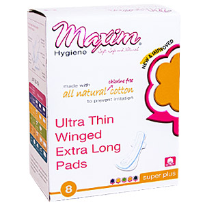 Maxim Hygiene Natural Cotton Ultra Thin Winged Pads Overnight Super Plus- 8 Pads