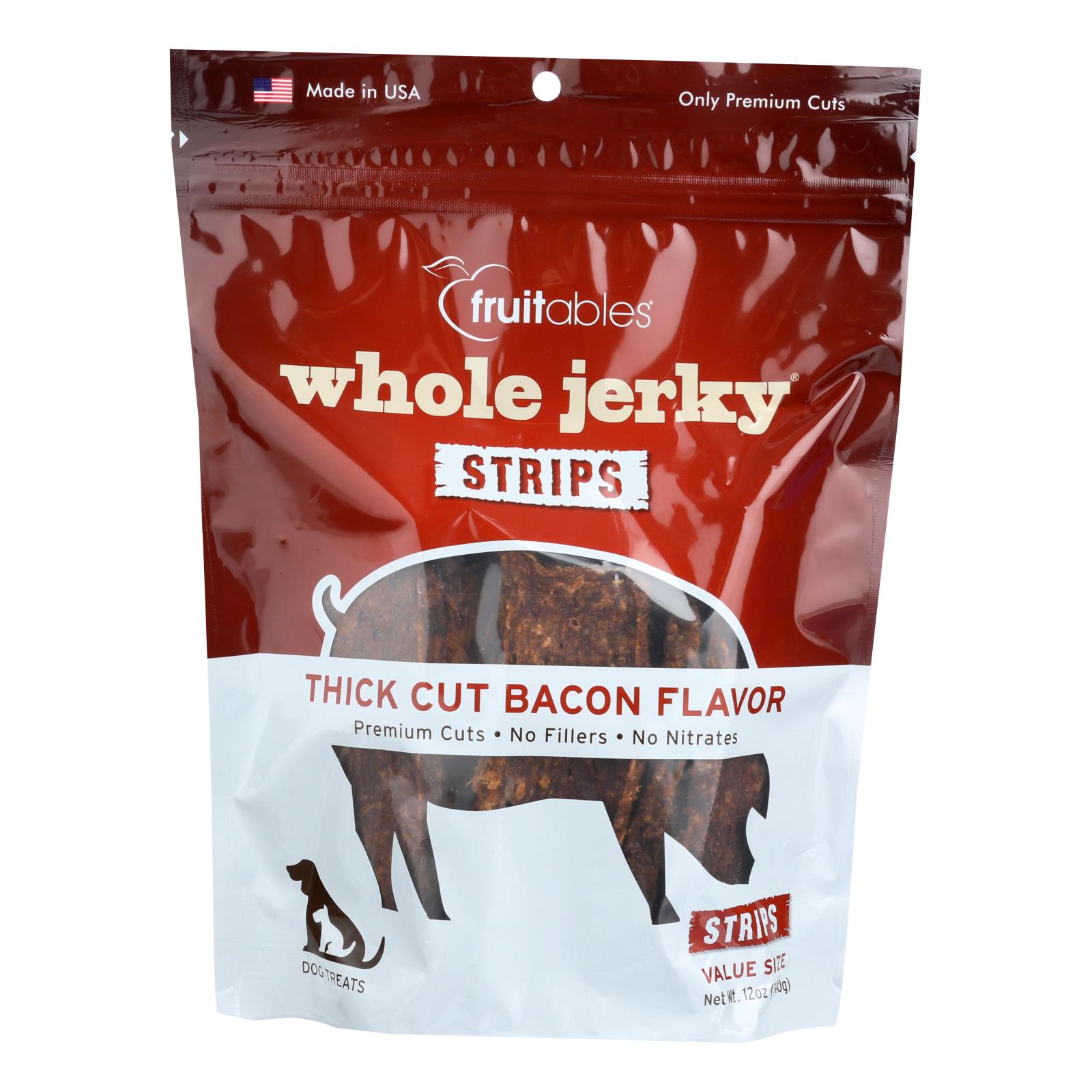 Fruitables Thick Cut Bacon Flavor Whole Jerky Strips Dog Treats - Case of 6 - 12 OZ