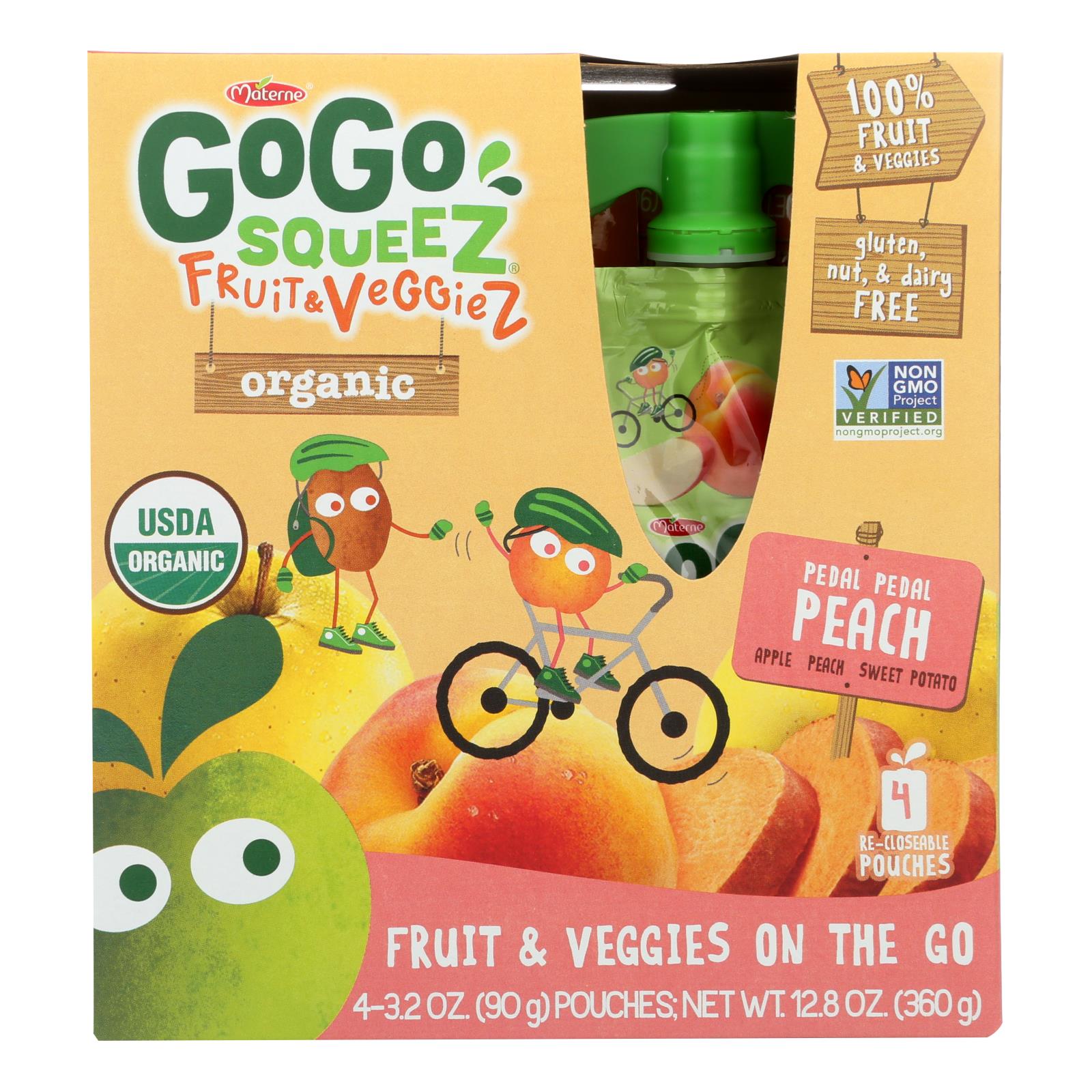 Gogo Squeez Pedal Pedal Peach Organic Fruit & Veggiez On The Go - 12개 묶음상품 - 4/3.2 OZ