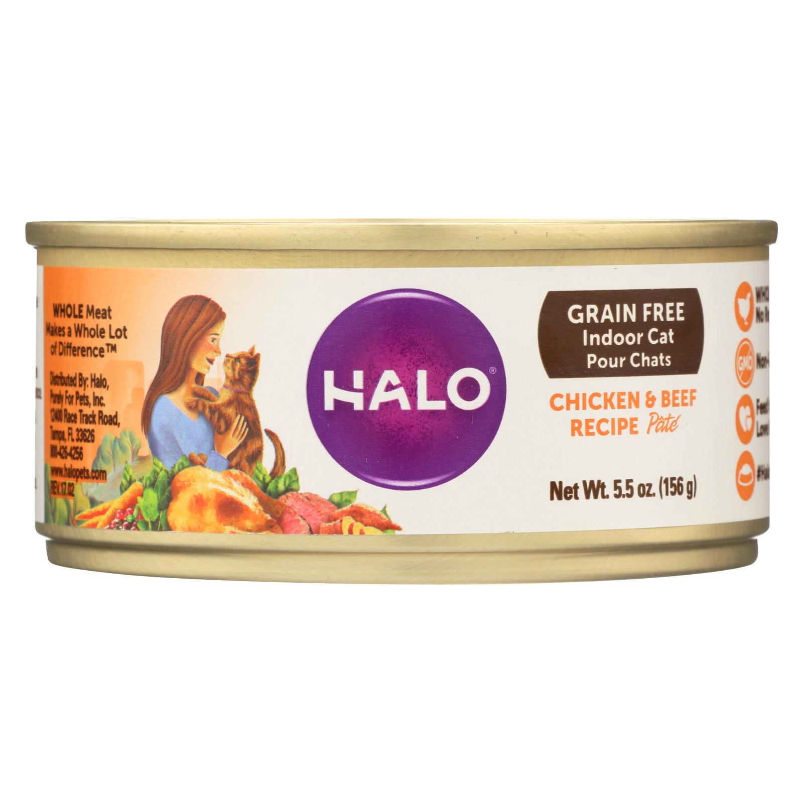Halo Grain-Free Indoor Cat Chicken & Beef Recipe Pate - 12개 묶음상품 - 5.5 OZ