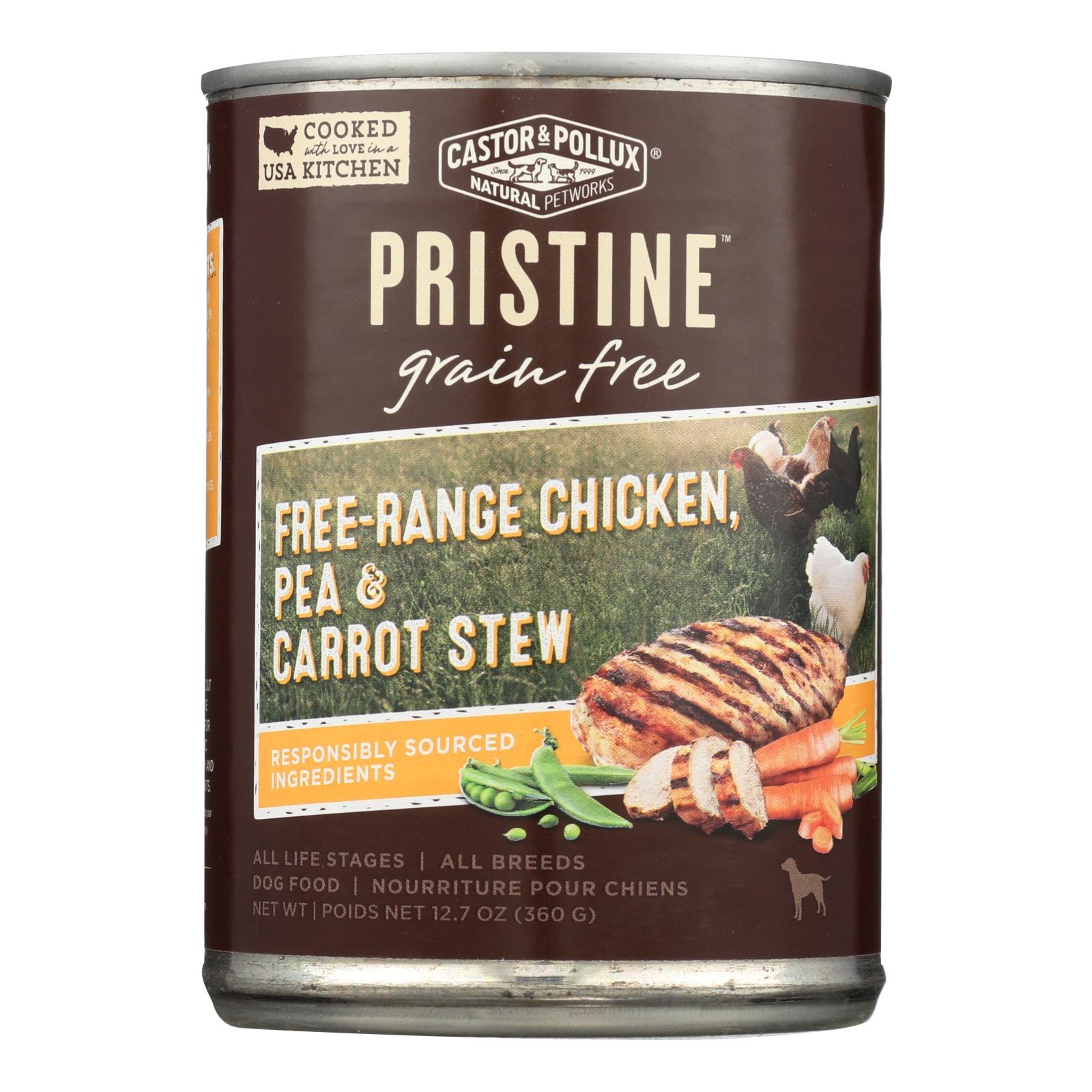 Castor & Pollux Wet Dog Food, Pristine Grain-Free Free-Range Chicken, Pea & Carrot Stew - Case of 12 - 12.7 OZ