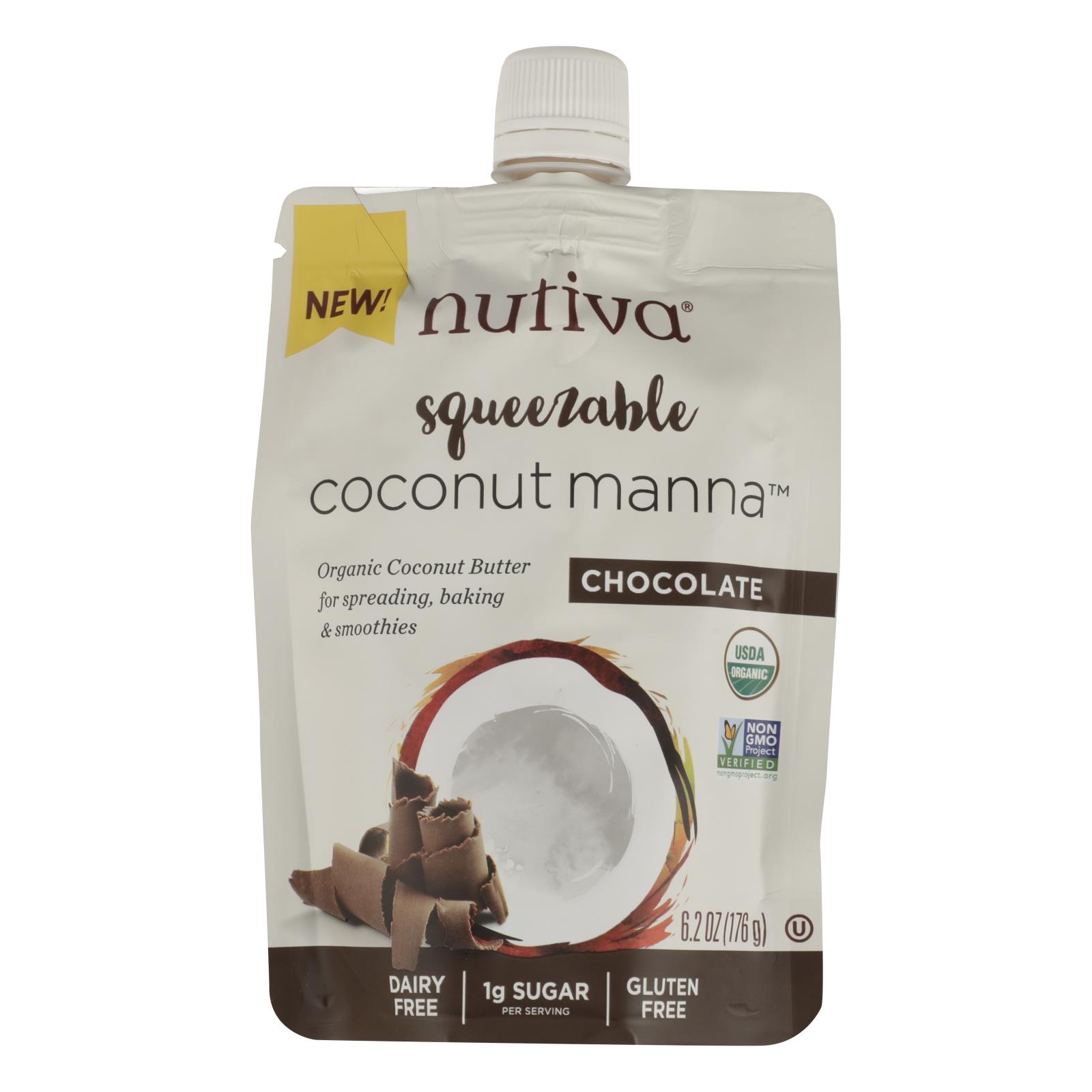 Nutiva - 짜 먹는 유기농 코코넛 만나, 초콜릿, 176g - 6.2 OZ